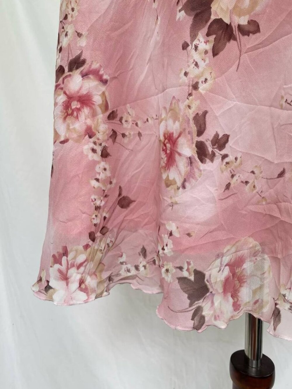 Pink Floral Midi Skirt Satin Finish Romantic Y2K Vintage A-Line Skirt - Picture 5 of 5